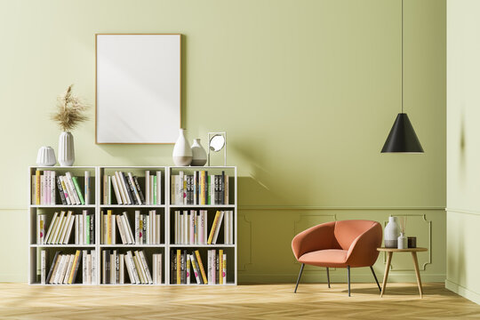 Bright waiting room interior with bookcase, armchair and poster