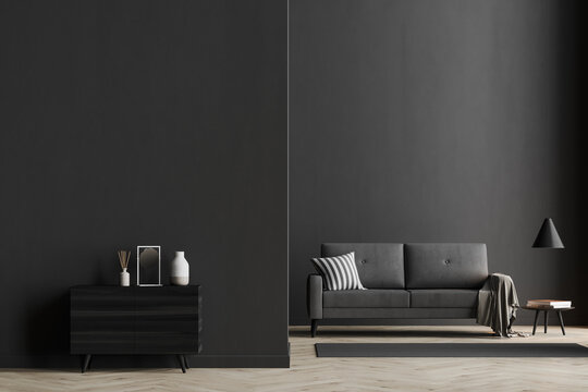 Dark Living Room Interior With Black Empty Wall