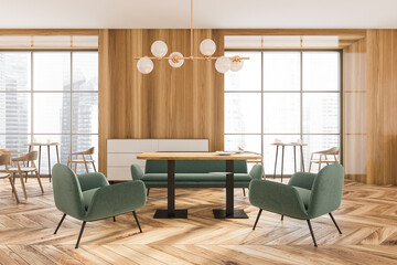 Fototapeta premium Wooden cafe interior with armchairs and table, open space restaurant