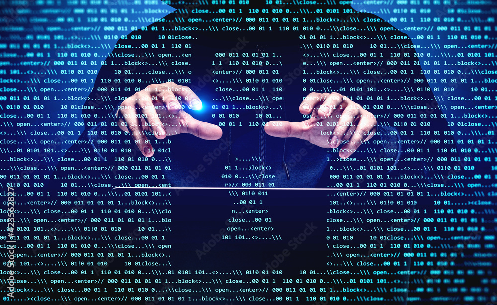 Poster man hands cyber attack at night, lock icon and binary code