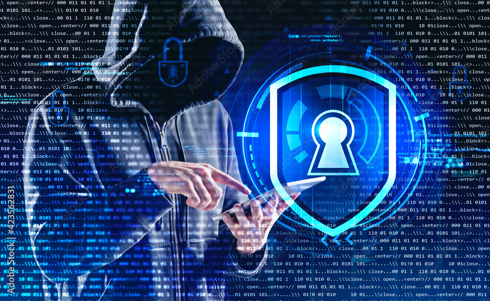 Poster man with tablet cyber attack at night, lock icon and binary code