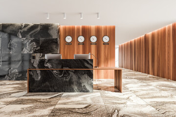 Reception room desk interior with computers and clocks on the wall on tiled marble floor
