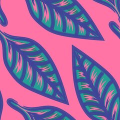 Fototapeta na wymiar vector rough ethnic green leaves with blue border brush stroke lines seamless pattern on pink