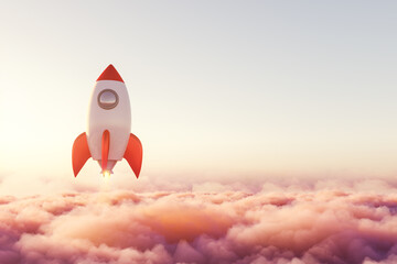 Rocket is rising above pink pastel clouds towards success