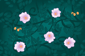 seamless pattern of berries and pale pink flowers of wild rose on a dark green background