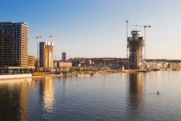 Obraz premium Belgrade tower, the new building rising on the bank of river Sava, Serbia