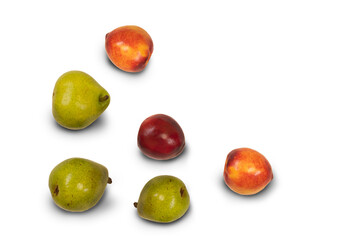Peaches and pears on white background