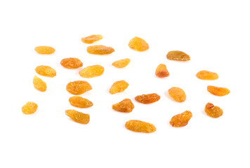 Yellow golden raisins isolated on white background.