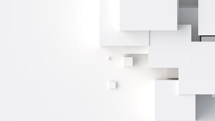 Cubes with random size composition with soft shadows. With place for text. Abstract 3d render illustration. Geometrical concept background