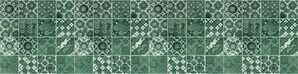 Old aged worn green seamless square vintage retro mosaic tiles wall texture with geometric floral...