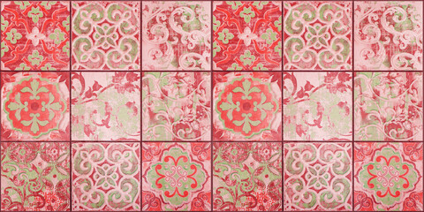 Old aged worn red seamless square vintage retro mosaic tiles wall texture with geometric floral flower leaves print / tile mirror pattern background