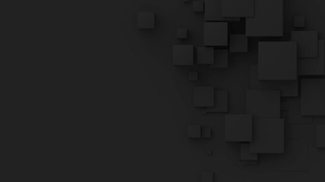 Cubes with random size move and grow loop. A place for text on the left. Abstract 3d render geometrical concept background.