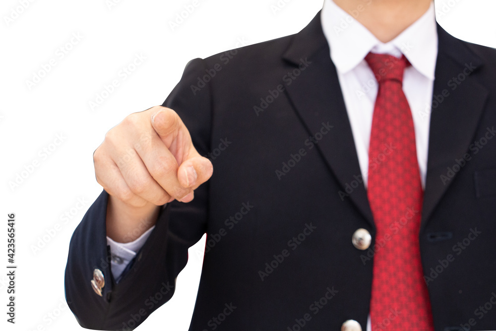 Wall mural medium shot business man body in black suit with hand finger point on space on white background. bus