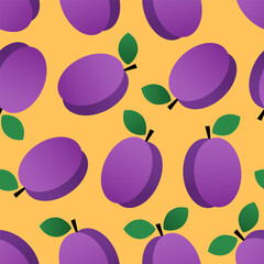 Fruit pattern. Seamless pattern of plums on a orange background. Vector 10 EPS.