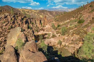 Rock formations in Pinnacles National Park in California, the destroyed remains of an extinct volcano on the San Andreas Fault. Beautiful landscapes