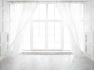 Backlit window with white curtains in empty room - obrazy, fototapety, plakaty