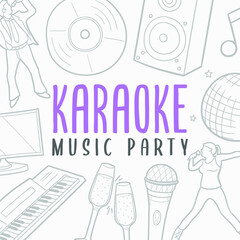 Karaoke Doodle Banner Icon. Music Vector Illustration Hand Drawn Art. Line Symbols Sketch Background.