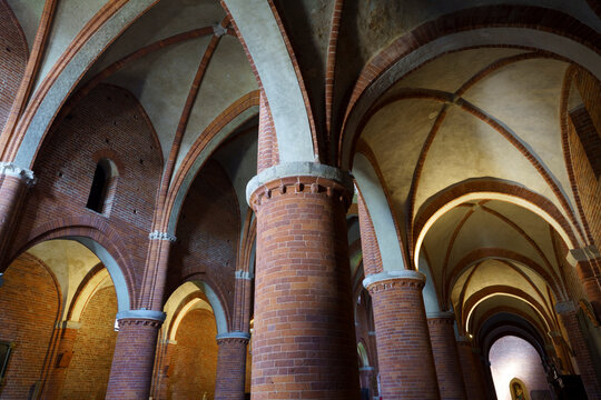 Morimondo, Italy - September 5, 2020: Medieval abbey of Morimondo, Milan, Italy: interior