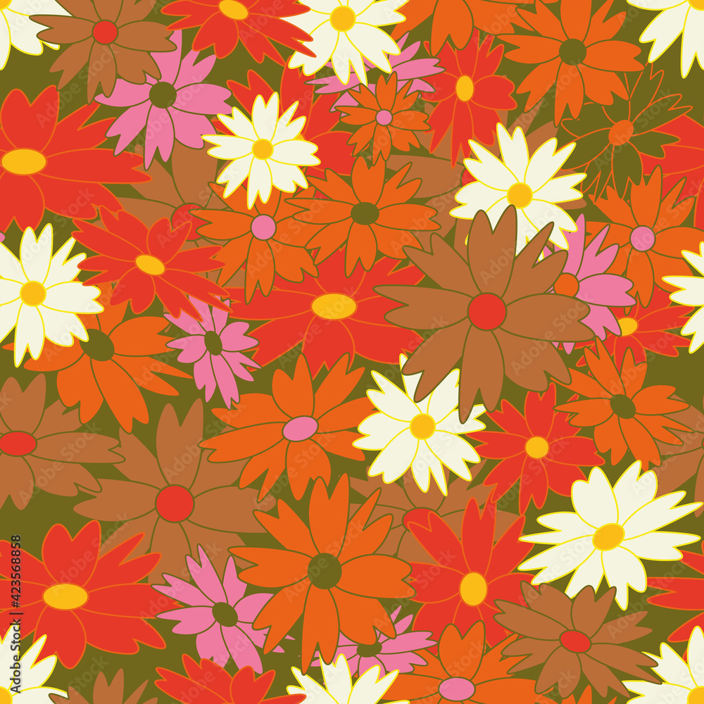 Poster retro flowers multi color seamless repeat pattern print background