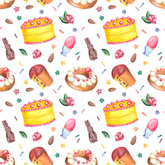 Watercolor hand drawn seamless pattern with Easter bakery - simnel,kulich,gugelhupf,rosca de Pascua,chocolate banny. Traditional Easter pastry,cakes,almond,easter eggs, flowers.Easter desserts
