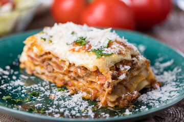 lasagna on a green plate