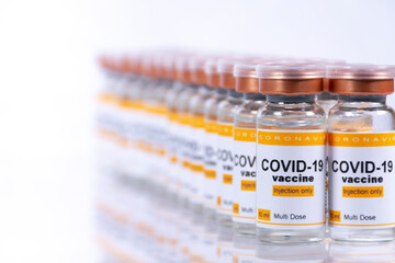 Two rows of covid vaccine vials
