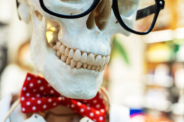 Human skull mockup with glasses and bow tie. Close-up