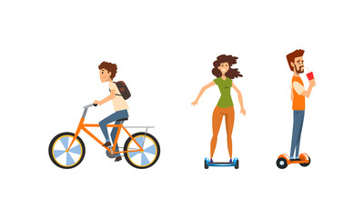 Fototapeta na wymiar Cheerful Man and Woman Cycling and Riding on Hoverboard Along the Street Vector Set