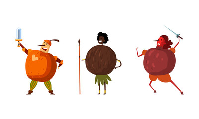 Funny Ripe Fruit and Berries as Humanized Comic Characters Vector Set