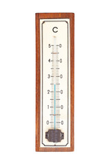 Simple wooden outdoor mercury thermometer showing 25 degrees celsius, top view, from above. Object isolated on white, cut out. Plain old thermometer, temperature measurement tool on white background