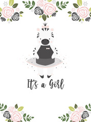 Cute simple vector baby shower card. Adorable little baby zebra, black and pink flowers on a white background with the text "It's a girl".