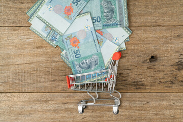 Creative business concept a shopping trolley fully with MYR banknote. 