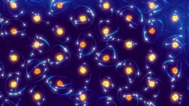 Animation of atoms and their electron clouds arranged in crystal structure. Atomic structure and quantum mechanics concept.	
