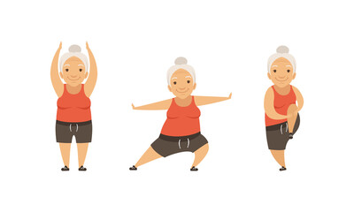 Fototapeta na wymiar Senior Woman with Grey Hair Doing Physical Exercises Stretching Vector Set
