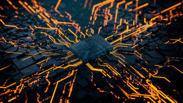 Advanced Technology Concept with Microchip. Orange Neon Data flows from the CPU across a Futuristic Motherboard. 3D render.