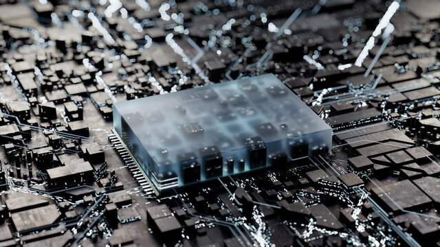 Advanced Technology Concept with Microchip. White Neon Data flows from the CPU across a Futuristic Motherboard. 3D render.
