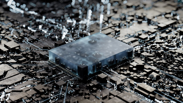 Advanced Technology Concept with Microchip. White Neon Data flows from the CPU across a Futuristic Motherboard. 3D render.