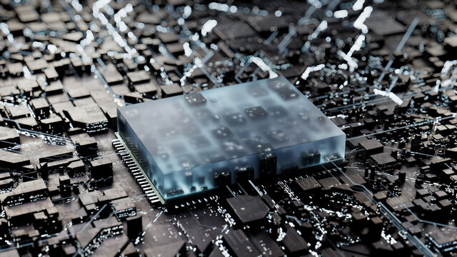 Advanced Technology Concept with Microchip. White Neon Data flows from the CPU across a Futuristic Motherboard. 3D render.