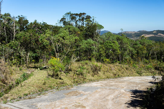 Empty road path surrounded by fresh green vegetation from the hiking trail that leads to Pedra da Macela view spots.