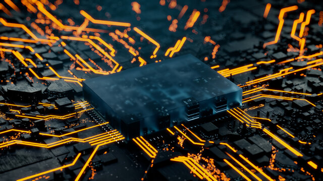 Advanced Technology Concept with Microchip. Orange Neon Data flows from the CPU across a Futuristic Motherboard. 3D render.