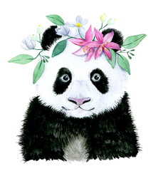 watercolor drawing. cute little panda with a wreath of flowers and leaves portrait. cartoon drawing for children. clipart isolated on white background