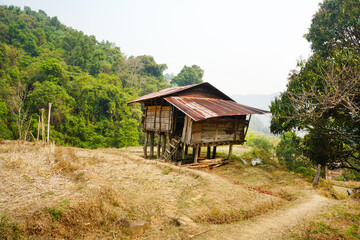 The hut at the end of the rice fields among the mountains. 