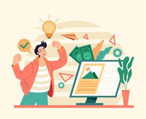 Internet inspiration for good bsiness start up fresh idea investment. Flat illustration graphic design concept
