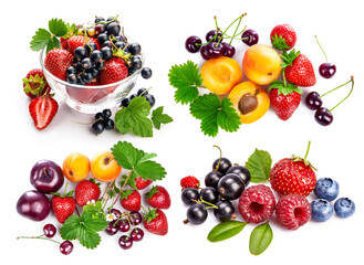 Collage mix set of Fresh berries and fruits in still life with green leaves strawberry, apricot, cherry, plum copyspace isolated on white background.