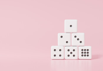 3d rendering white dice minimal style Align class number one to six on pink pastel. Composition template Advertising concept, copy space for text, banner, website