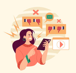 Social media harassment trolling cyber bullying. Flat illustration graphic design concept