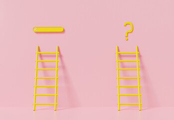 3d rendering search bar idea target, Ladder yellow business development and Question mark concept. on isolated pink background with shadow