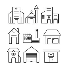 Buildings icons set. Buildings pack symbol vector elements for infographic web.