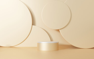 Luxury Gold 3d background with geometric shapes, display empty podium on the floor. Platforms for product presentation, Abstract composition design, showcase mockup, promotion, copy space, cosmetics