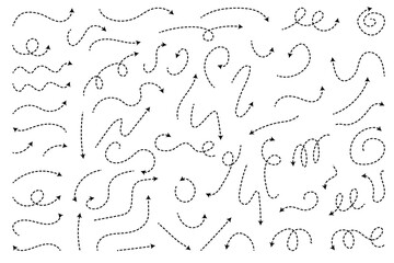 Dashed arrow set. Vector doodle dot line. Thin pointer arrows